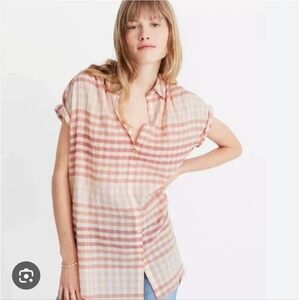 Madewell Orange Red Gingham Plaid Button Down Shirt Front Tie M